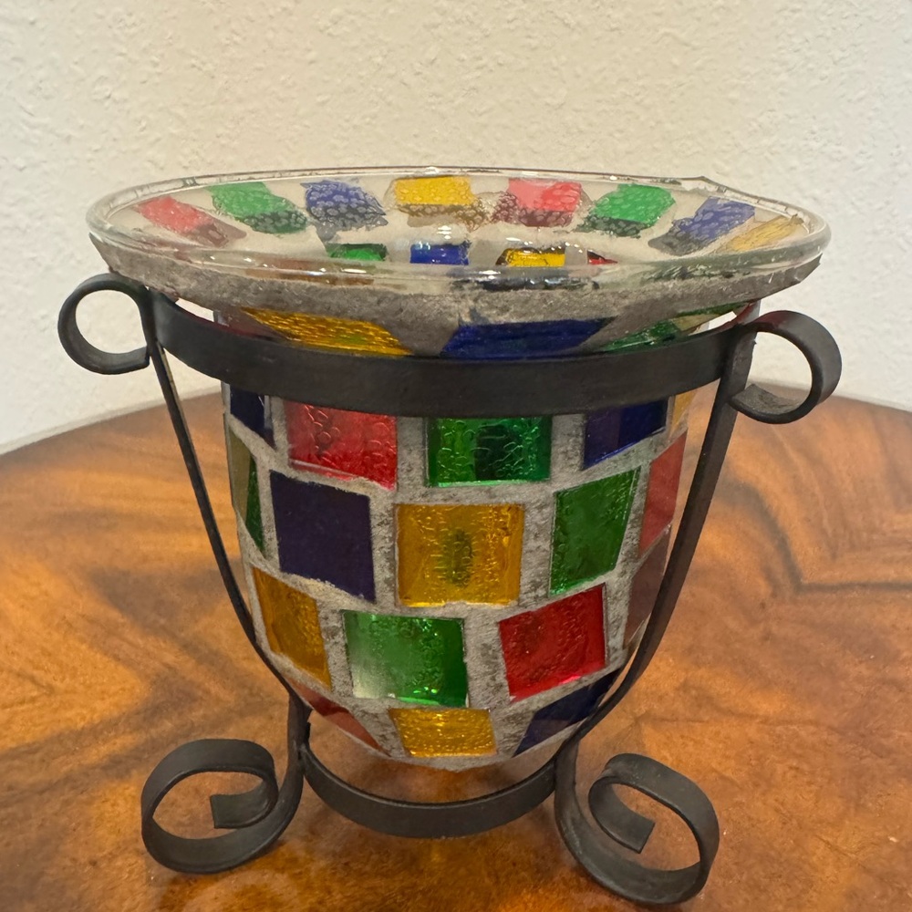 Stained Glass Mosaic Candle Holder With Iron Stand 1970’s Era - Picture 4 of 8